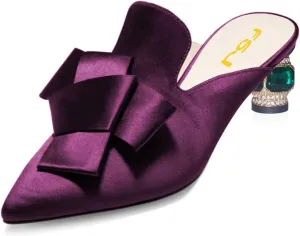 FSJ Women Retro Crystal Rhinestone Heeled Mules Pointed Toe Bows Slide Sandals Backless Emerald Bridal Wedding Dress Shoes Size 4-15 US