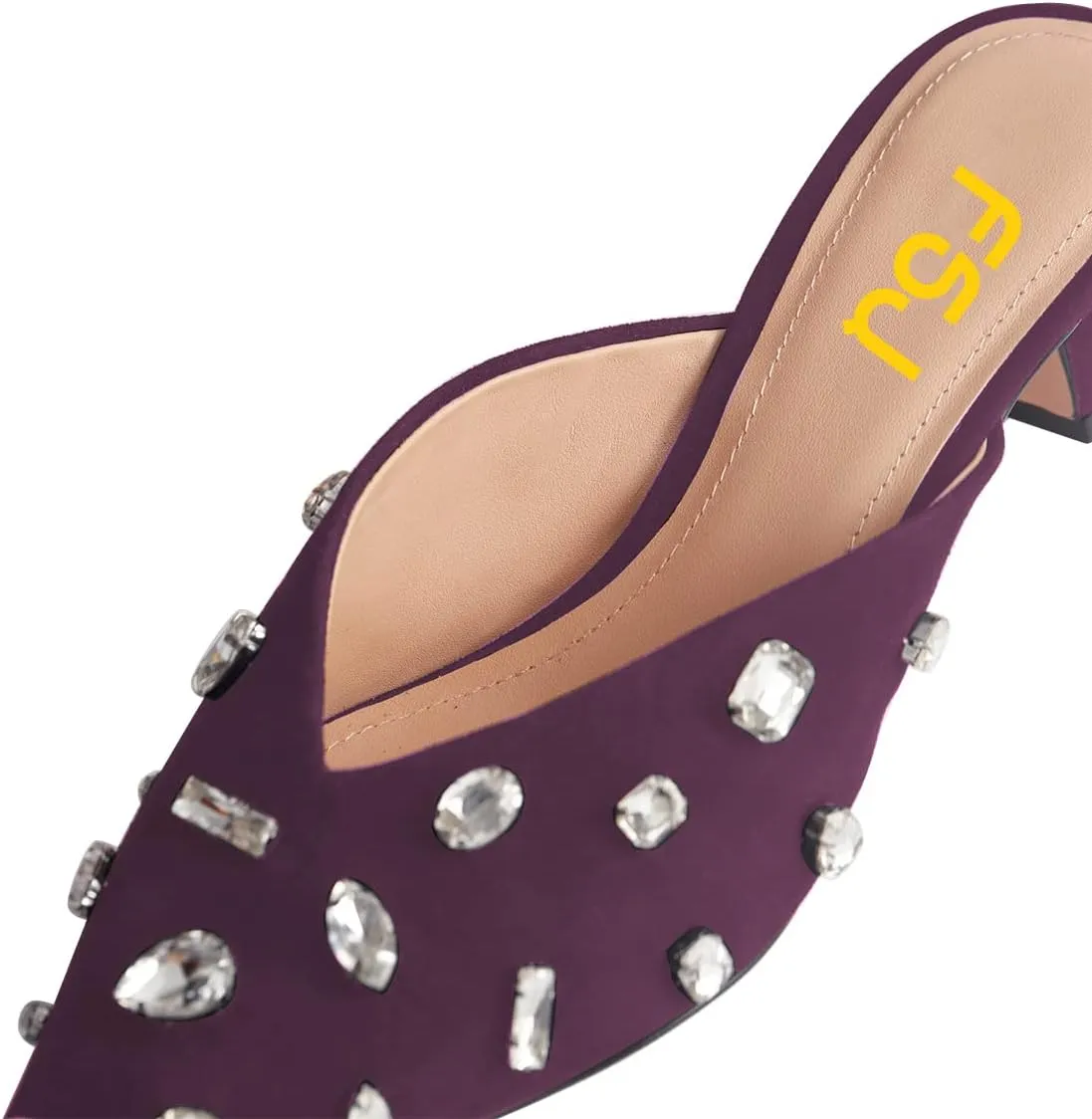 FSJ Women Retro Crystal Rhinestone Pointed Toe Slip on Kitten Heel Mules Low Heel Pumps Slide Slipper Girls Party Classic Outfit Sandals Size 4-15 US