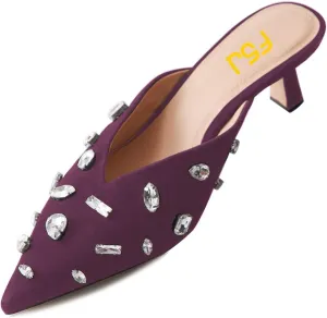 FSJ Women Retro Crystal Rhinestone Pointed Toe Slip on Kitten Heel Mules Low Heel Pumps Slide Slipper Girls Party Classic Outfit Sandals Size 4-15 US
