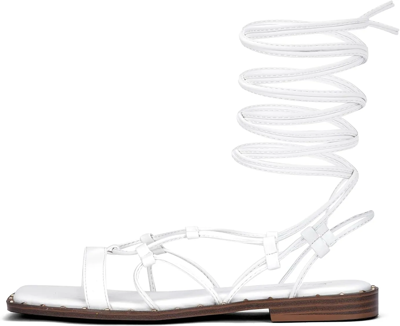 GENSHUO Lace Up Flat Sandals for Women Square Toe and Studded Criss-Cross Gladiator Strappy Flats Roman Shoes