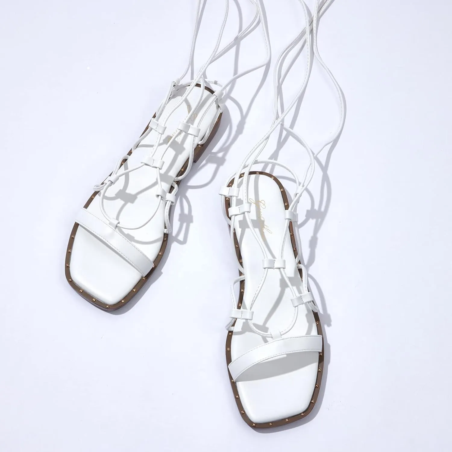GENSHUO Lace Up Flat Sandals for Women Square Toe and Studded Criss-Cross Gladiator Strappy Flats Roman Shoes