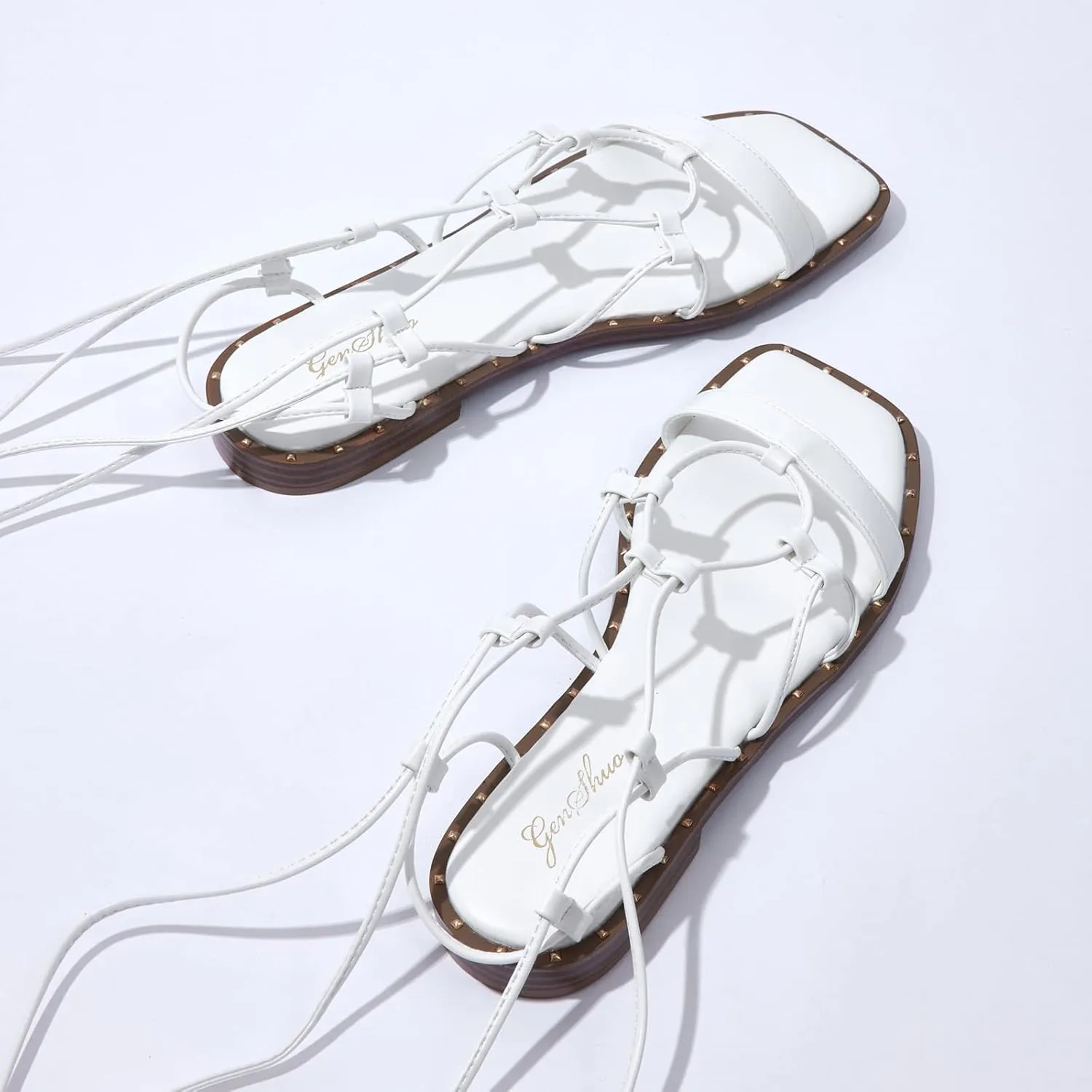GENSHUO Lace Up Flat Sandals for Women Square Toe and Studded Criss-Cross Gladiator Strappy Flats Roman Shoes