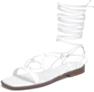 GENSHUO Lace Up Flat Sandals for Women Square Toe and Studded Criss-Cross Gladiator Strappy Flats Roman Shoes