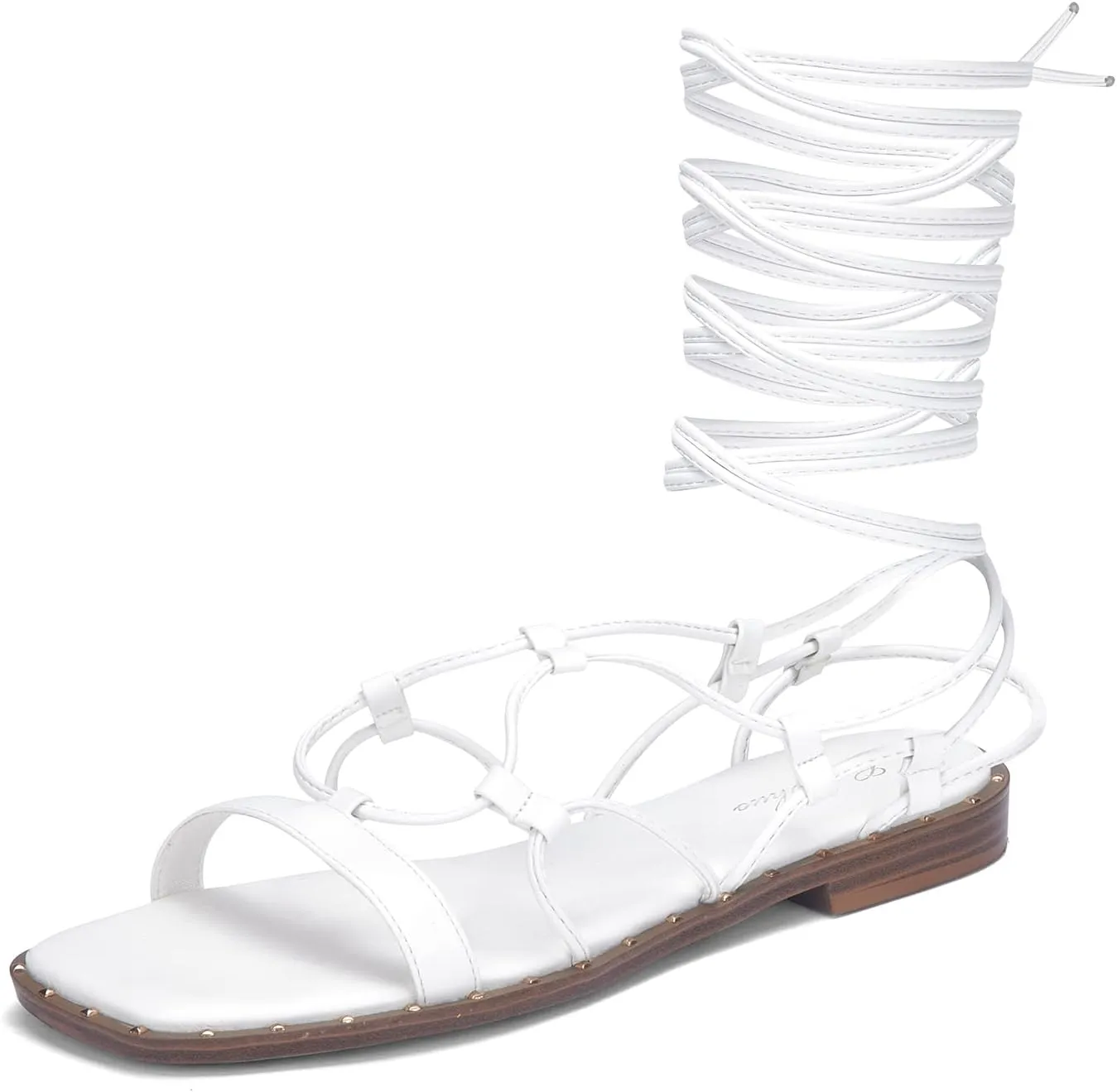 GENSHUO Lace Up Flat Sandals for Women Square Toe and Studded Criss-Cross Gladiator Strappy Flats Roman Shoes
