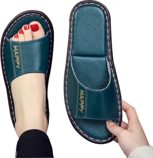 Genuine Leather Open Toe Summer Sandals, Unisex Cowhide PU Non Slip Home & Outdoor Comfy Slippers