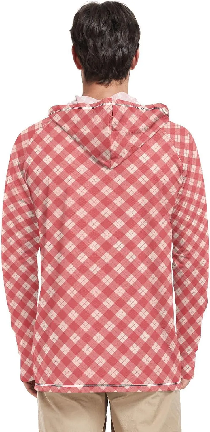 Gingham Plaid Men's Sun Protection Hoodie Long Sleeve Fishing Shirt UPF 50  Swim Shirt Rash Guard UV Shirts