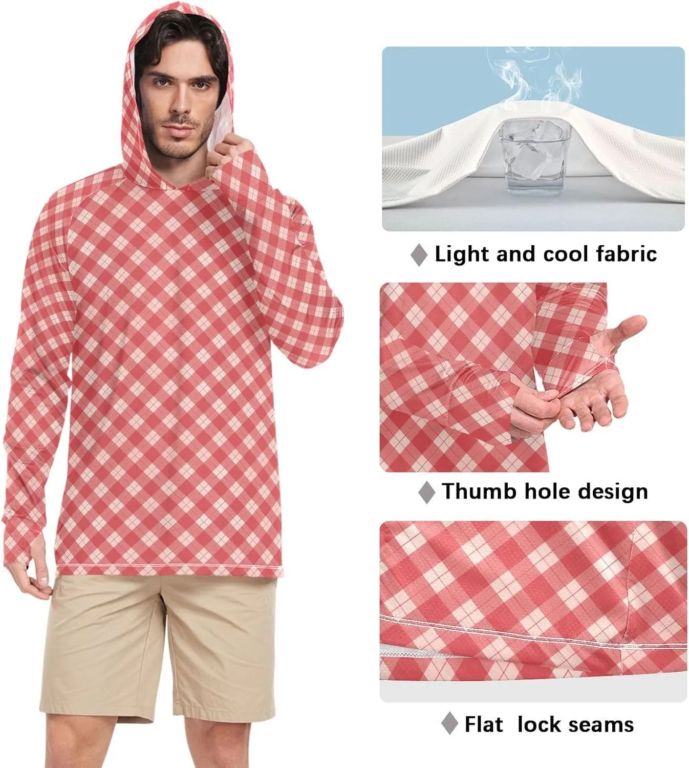 Gingham Plaid Men's Sun Protection Hoodie Long Sleeve Fishing Shirt UPF 50  Swim Shirt Rash Guard UV Shirts