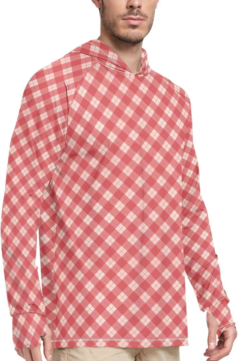 Gingham Plaid Men's Sun Protection Hoodie Long Sleeve Fishing Shirt UPF 50  Swim Shirt Rash Guard UV Shirts