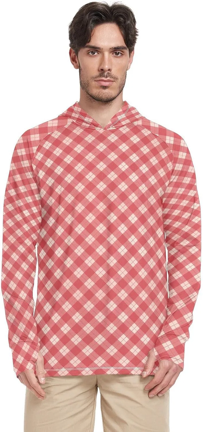Gingham Plaid Men's Sun Protection Hoodie Long Sleeve Fishing Shirt UPF 50  Swim Shirt Rash Guard UV Shirts