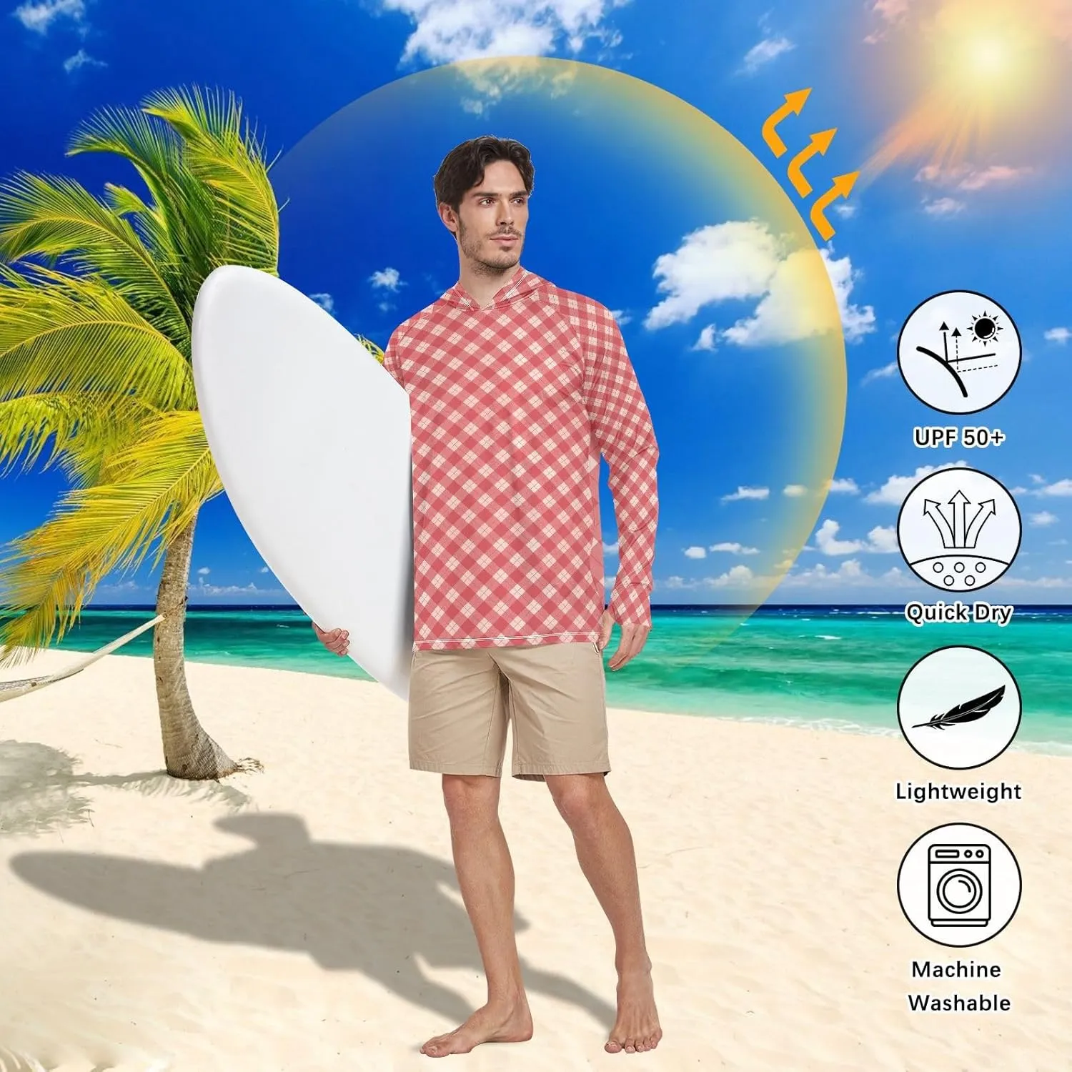 Gingham Plaid Men's Sun Protection Hoodie Long Sleeve Fishing Shirt UPF 50  Swim Shirt Rash Guard UV Shirts