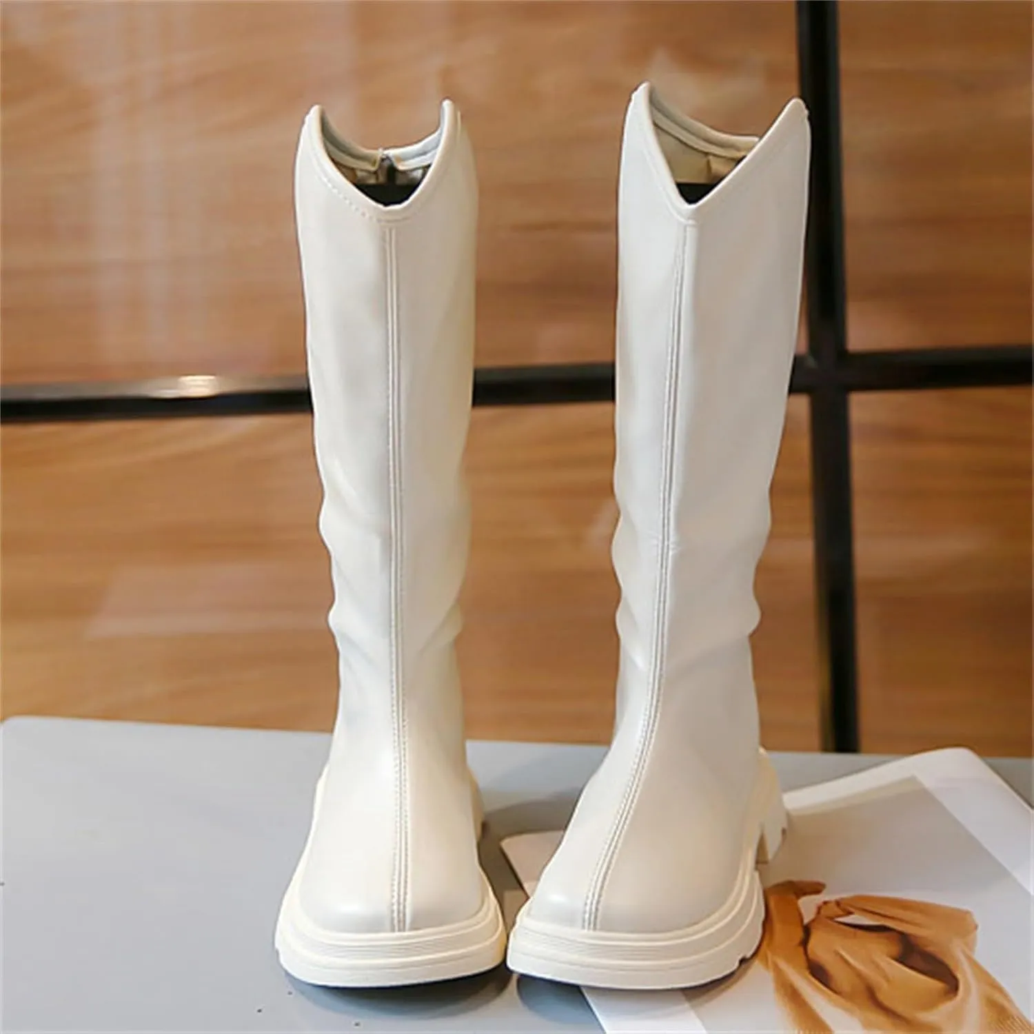 Girls Leather 𝐖aterproof Long Boots Kids 𝗟ow Heel Fron Zipper Shoes Childrens Outdoor Dress Dance Soft Shoes Comfy