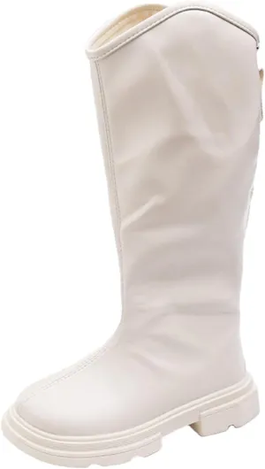 Girls Leather 𝐖aterproof Long Boots Kids 𝗟ow Heel Fron Zipper Shoes Childrens Outdoor Dress Dance Soft Shoes Comfy