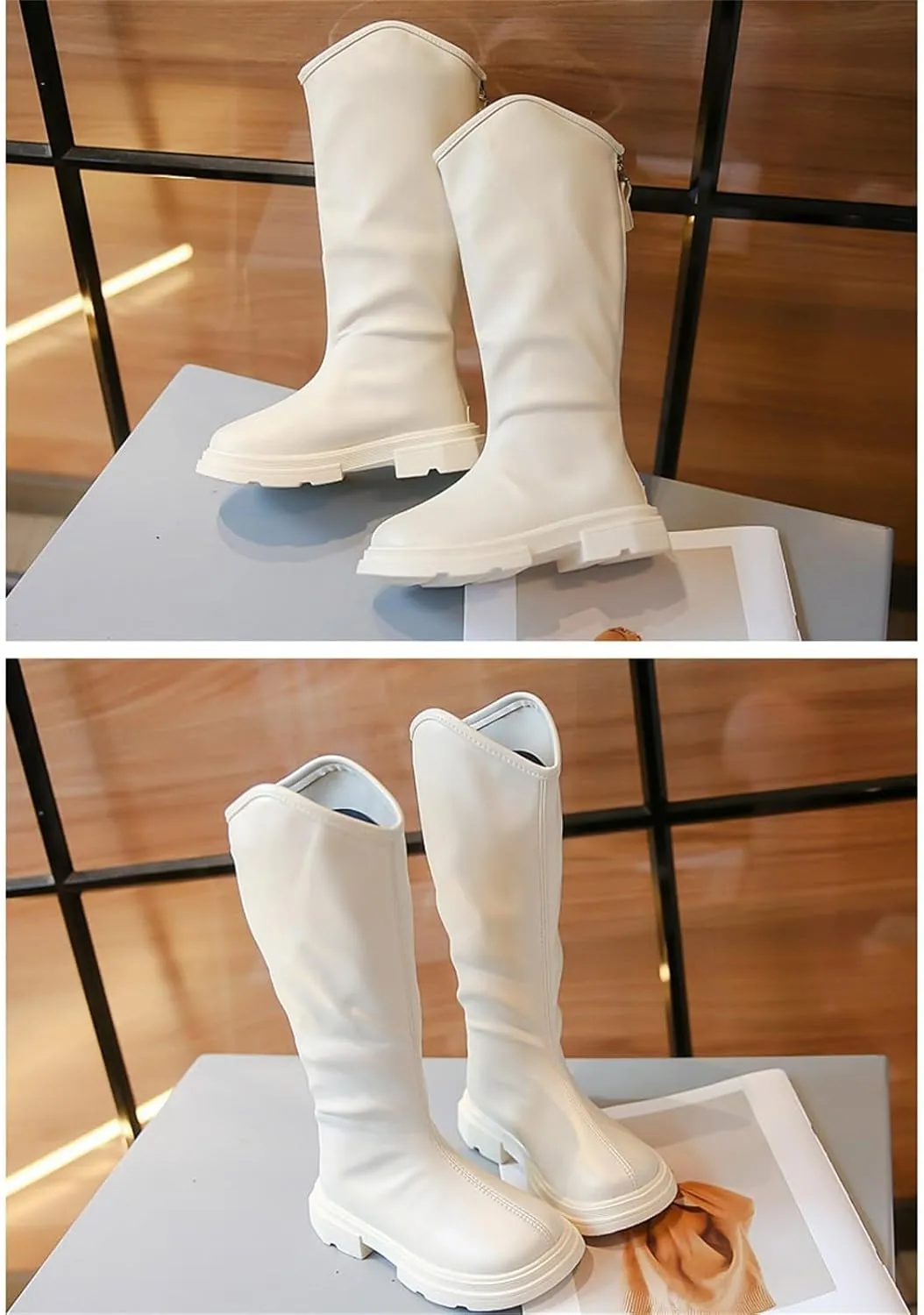 Girls Leather 𝐖aterproof Long Boots Kids 𝗟ow Heel Fron Zipper Shoes Childrens Outdoor Dress Dance Soft Shoes Comfy