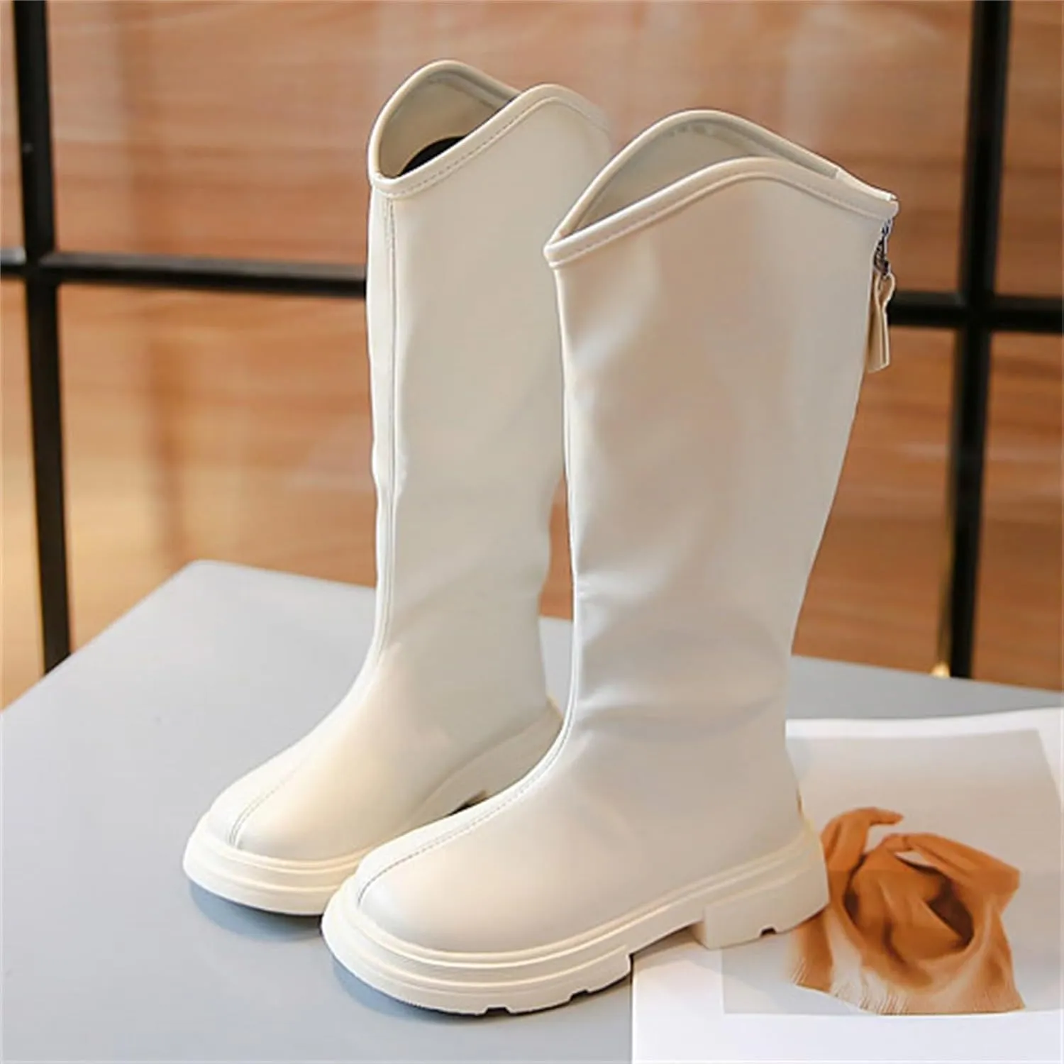 Girls Leather 𝐖aterproof Long Boots Kids 𝗟ow Heel Fron Zipper Shoes Childrens Outdoor Dress Dance Soft Shoes Comfy