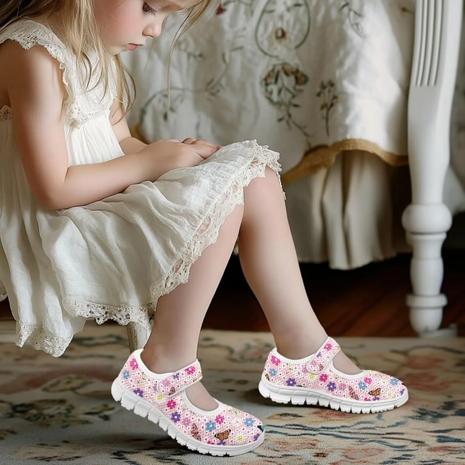 Girls Mary Jane Shoes School Uniform Shoes Round Toe Ballet Flats Breathable Mesh Slip-on Walking Sneakers