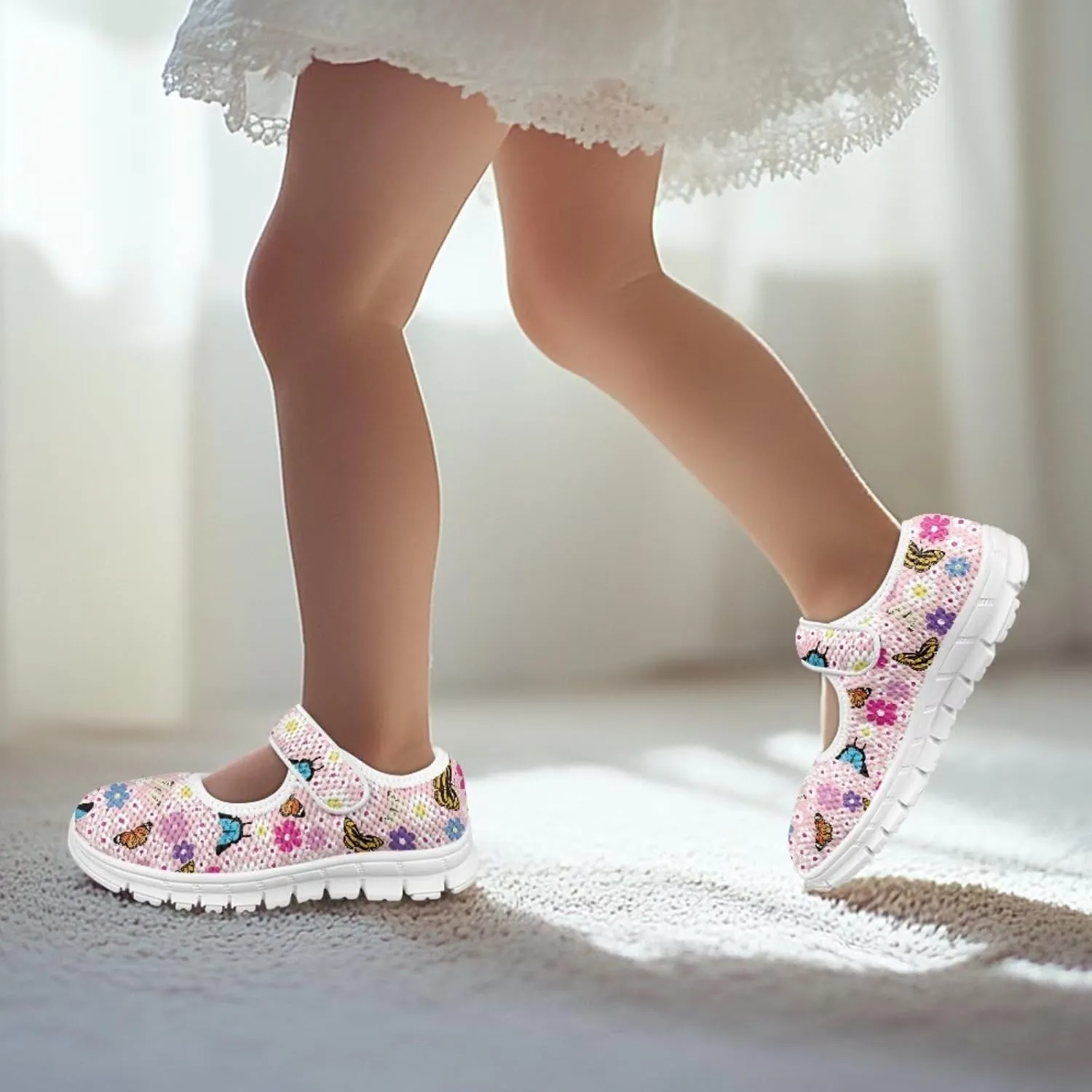 Girls Mary Jane Shoes School Uniform Shoes Round Toe Ballet Flats Breathable Mesh Slip-on Walking Sneakers