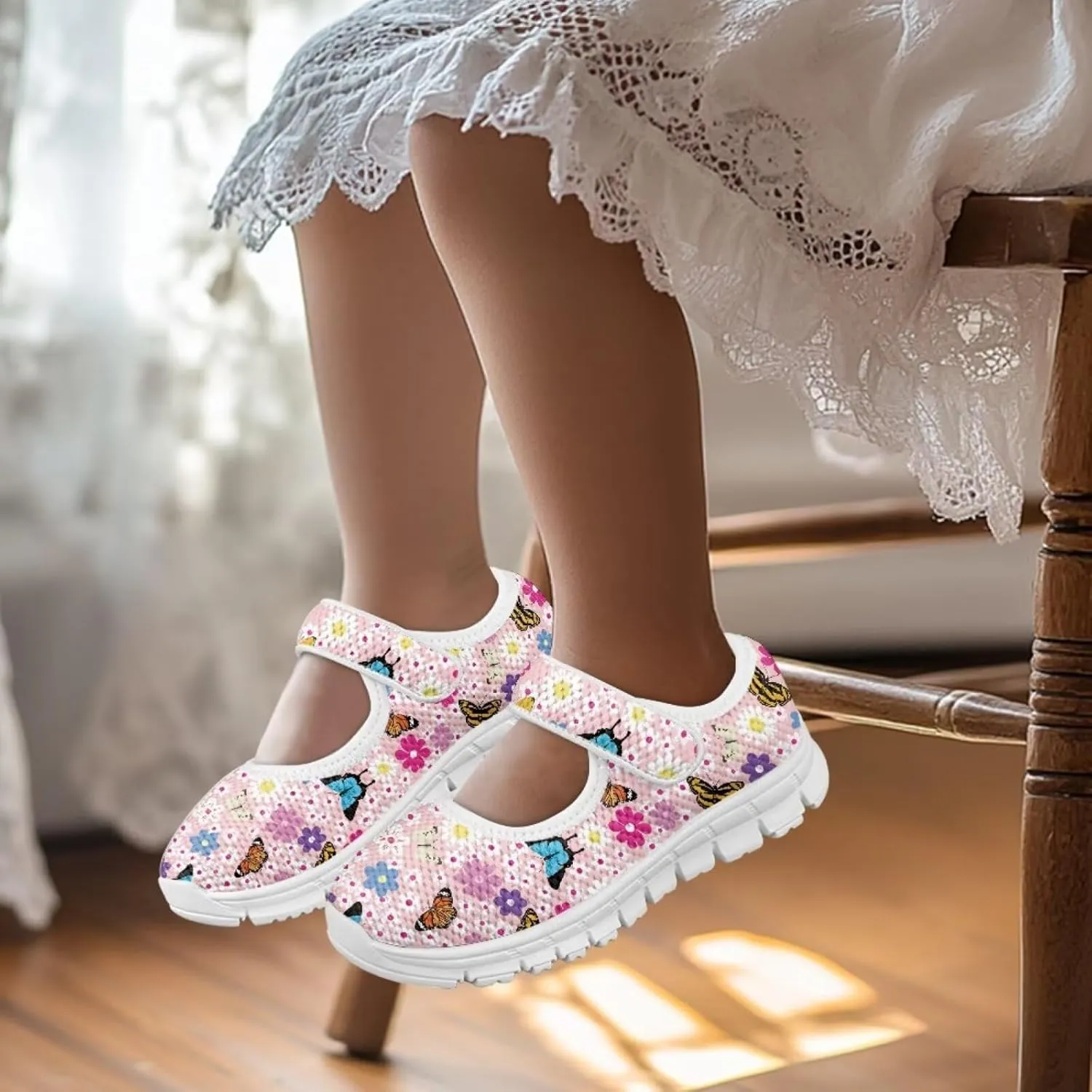 Girls Mary Jane Shoes School Uniform Shoes Round Toe Ballet Flats Breathable Mesh Slip-on Walking Sneakers