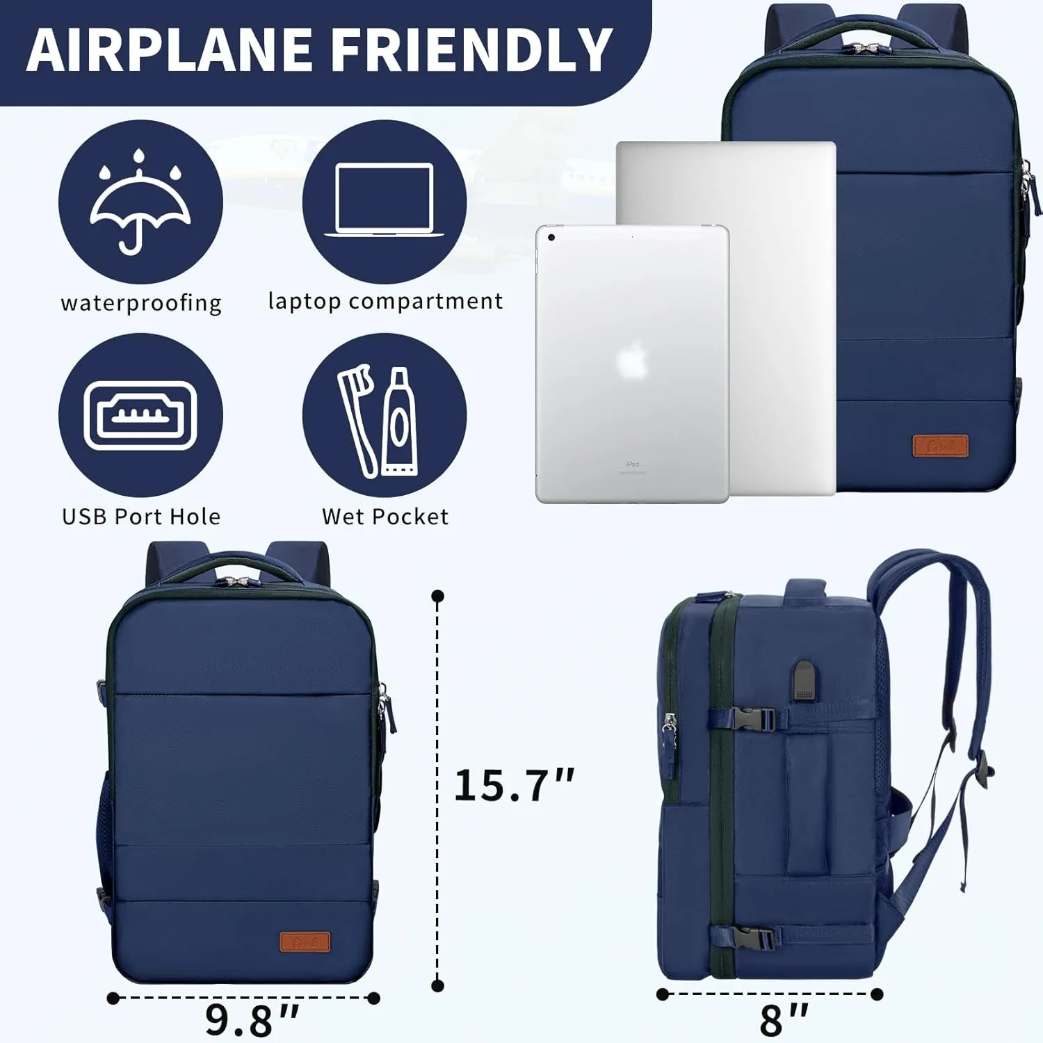 GMAK Travel Backpack for Men Women, Carry on Backpack with USB Charging Port, 15.6 inch Laptop Backpack Lightweight Cabin Bag Casual Daypack 20L Luggage Bags for College, Business, Travel, Navy Blue