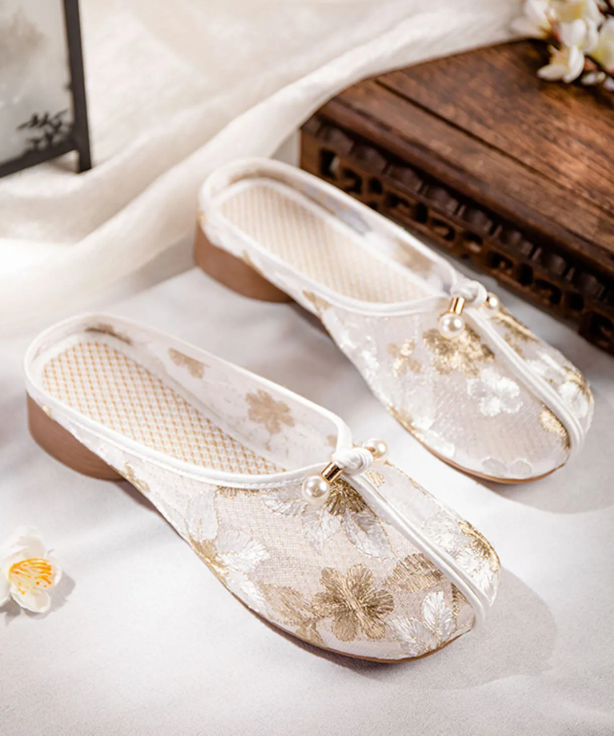 Gold Chunky Slide Sandals Tulle Comfy Splicing Hollow Out Embroidered