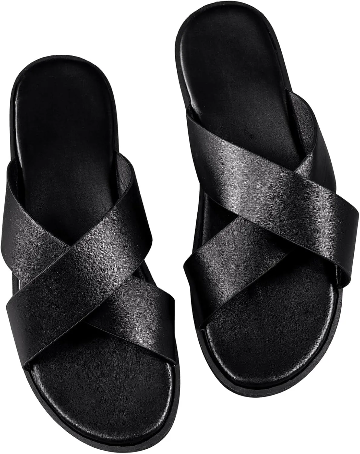 GORGLITTER Men's Summer Beach Leather Sandals Footwear Criss Cross Pu Leather Slide Slippers
