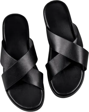 GORGLITTER Men's Summer Beach Leather Sandals Footwear Criss Cross Pu Leather Slide Slippers