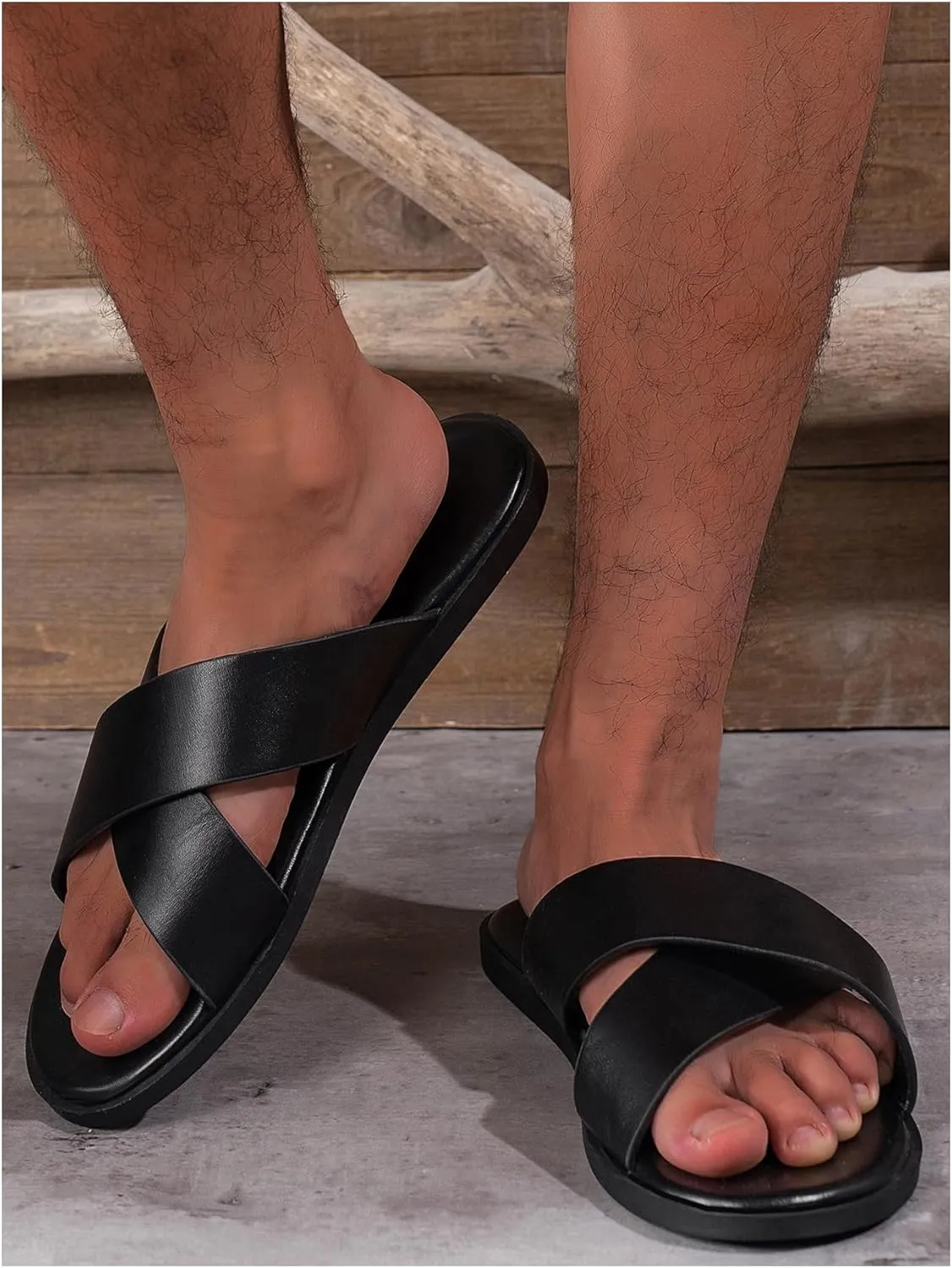GORGLITTER Men's Summer Beach Leather Sandals Footwear Criss Cross Pu Leather Slide Slippers