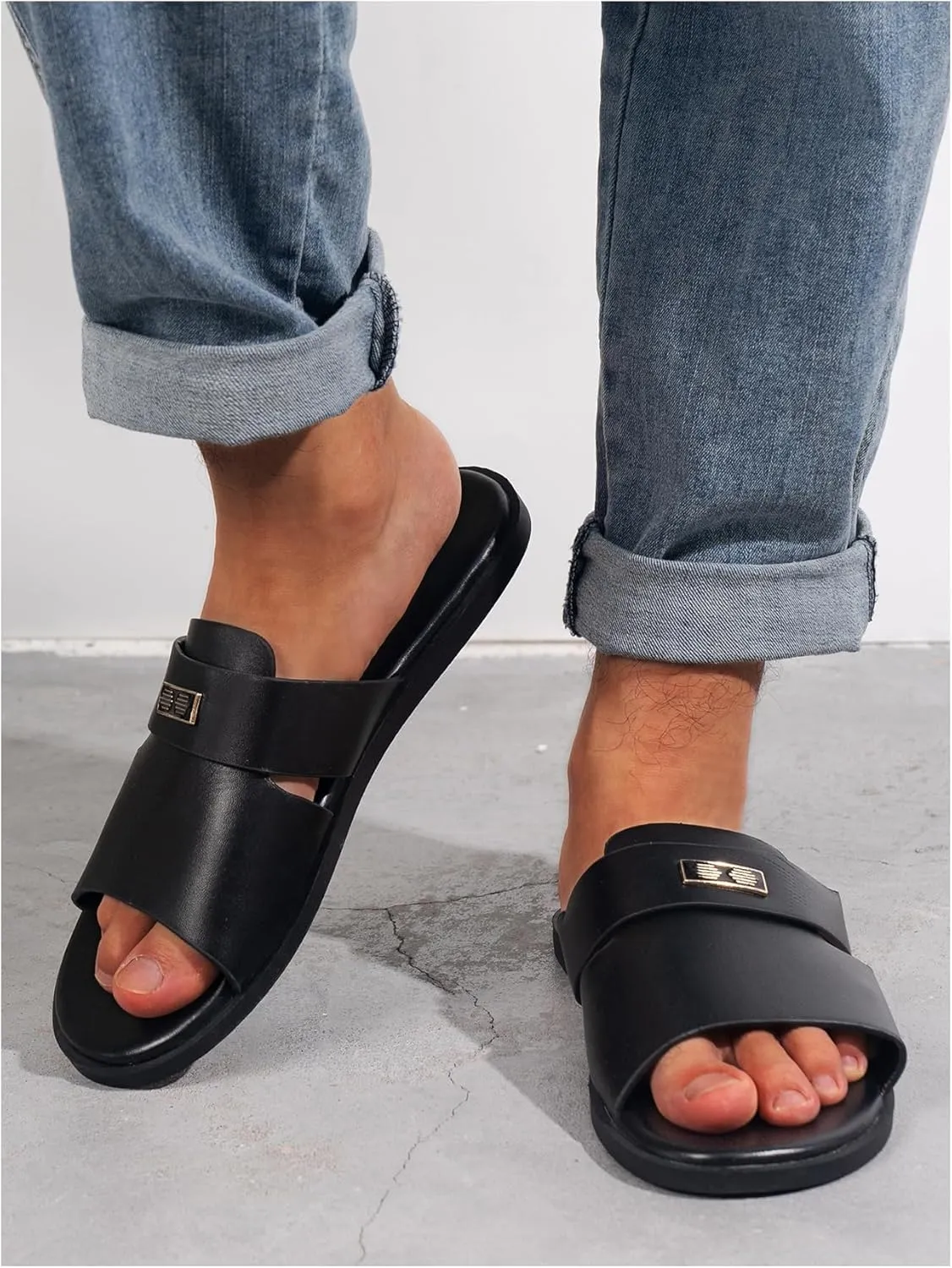 GORGLITTER Men's Summer Beach Leather Sandals Footwear Criss Cross Pu Leather Slide Slippers