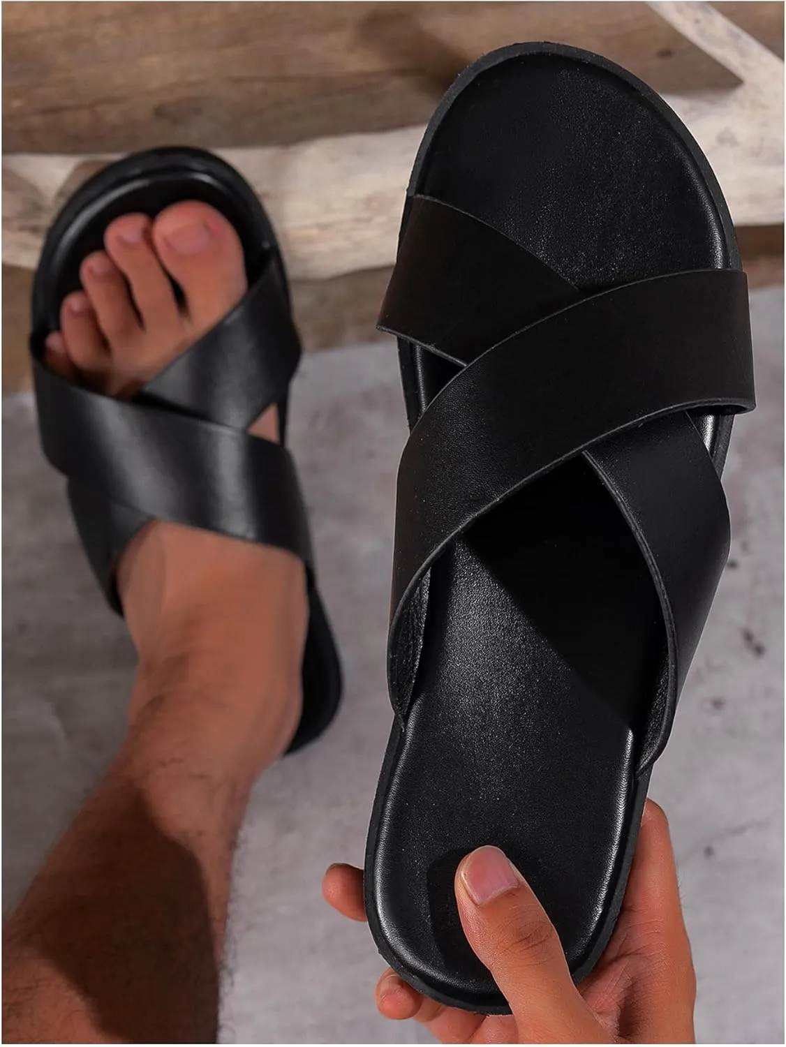 GORGLITTER Men's Summer Beach Leather Sandals Footwear Criss Cross Pu Leather Slide Slippers