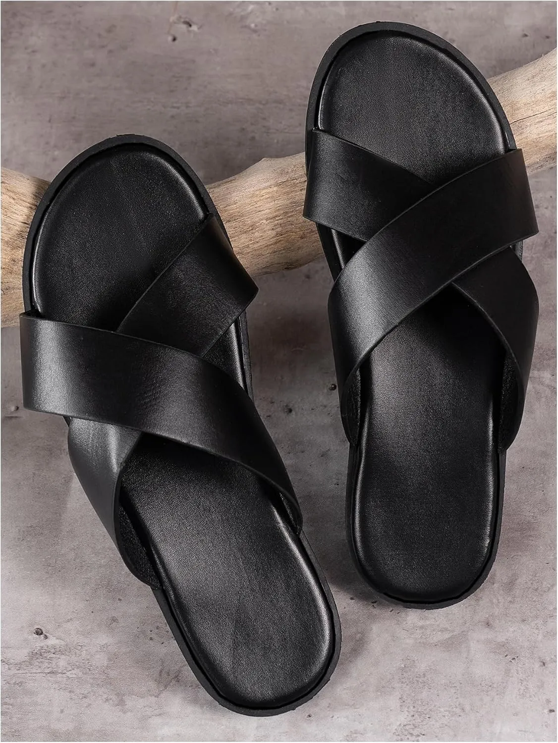 GORGLITTER Men's Summer Beach Leather Sandals Footwear Criss Cross Pu Leather Slide Slippers