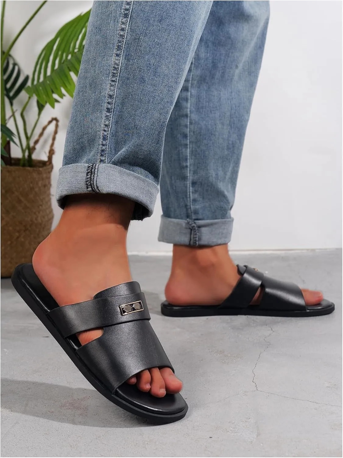 GORGLITTER Men's Summer Beach Leather Sandals Footwear Criss Cross Pu Leather Slide Slippers