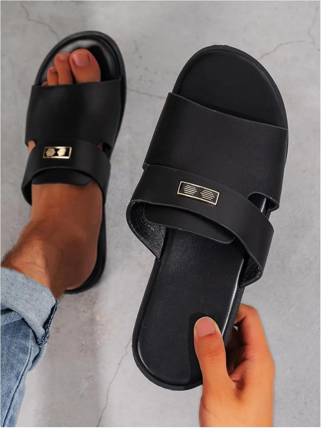 GORGLITTER Men's Summer Beach Leather Sandals Footwear Criss Cross Pu Leather Slide Slippers