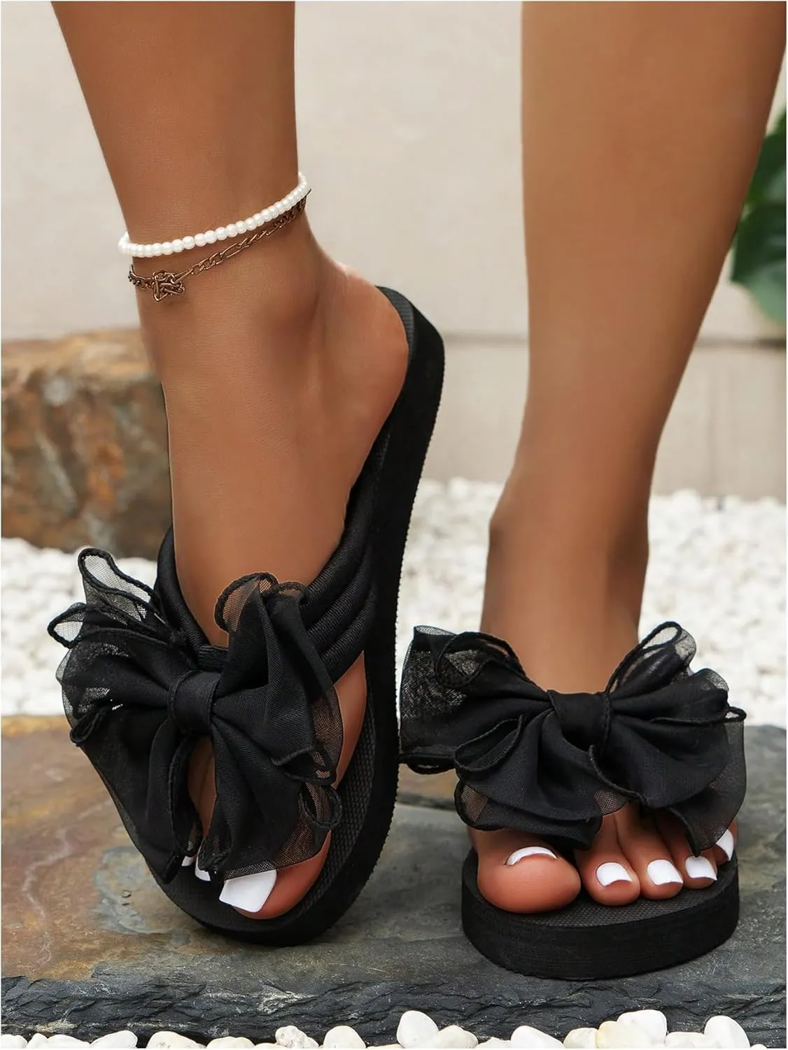 GORGLITTER Women's Bow Sandals Flip Flops Beach Sandals Flats Round Open Toe Slide Sandals