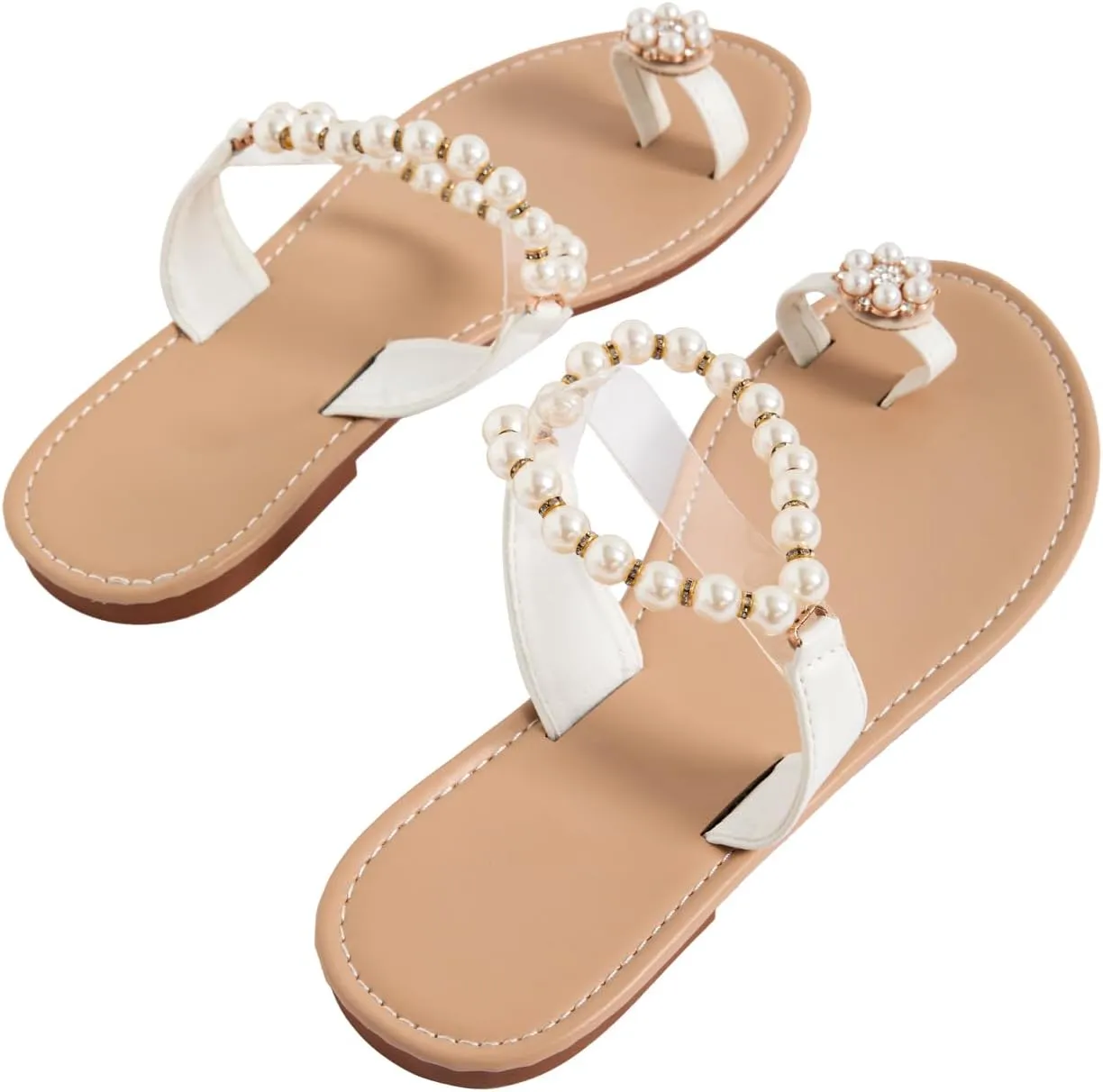 GORGLITTER Women's Clear Pearl Sandals Dressy Toe Ring Rhinestone Slide Wedding Vacation Bridal Flats Sandal 2025