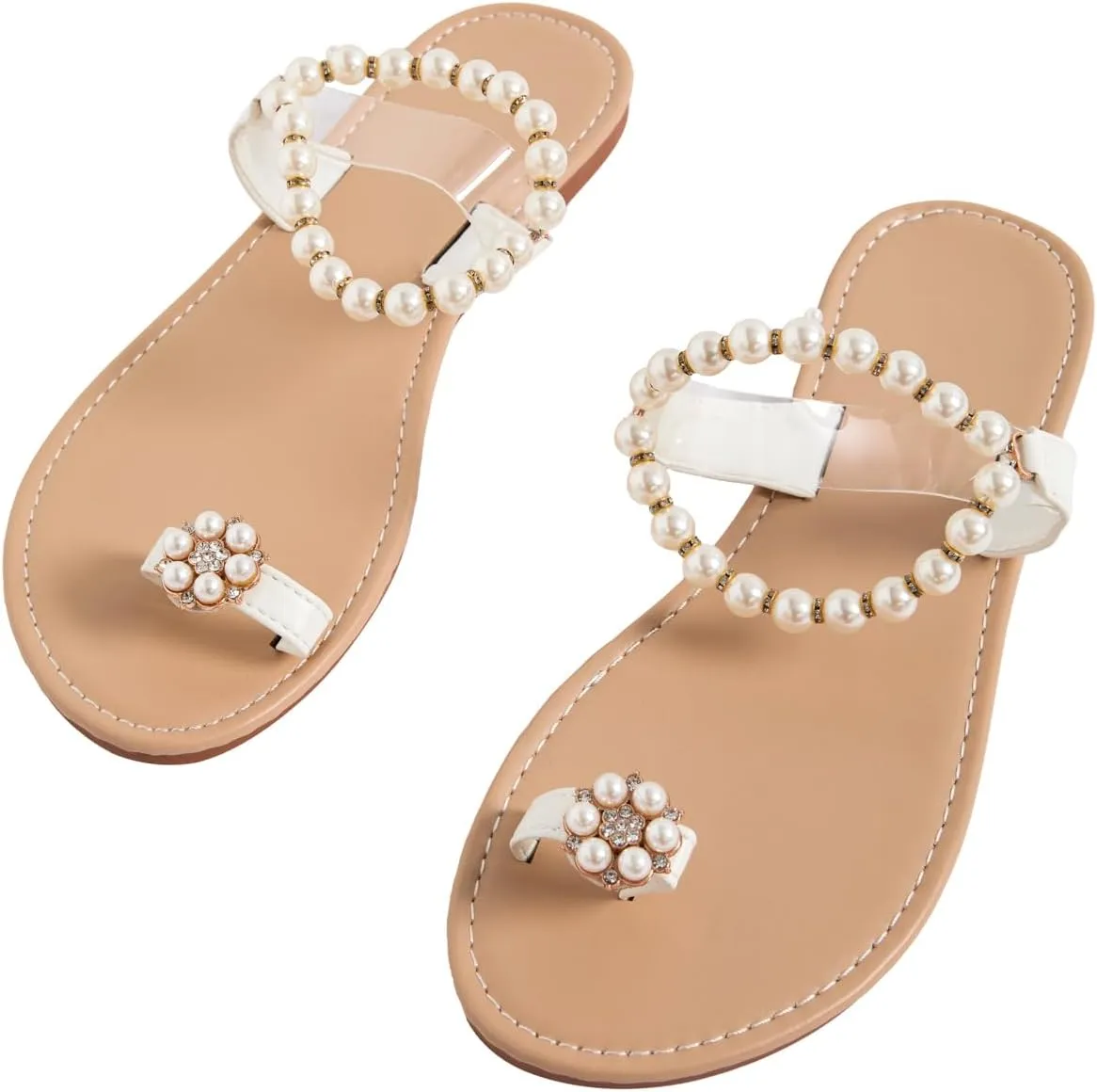 GORGLITTER Women's Clear Pearl Sandals Dressy Toe Ring Rhinestone Slide Wedding Vacation Bridal Flats Sandal 2025