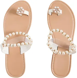 GORGLITTER Women's Clear Pearl Sandals Dressy Toe Ring Rhinestone Slide Wedding Vacation Bridal Flats Sandal 2025
