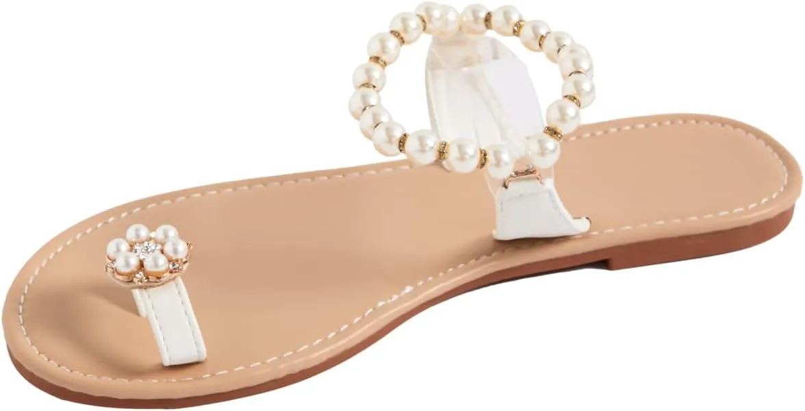 GORGLITTER Women's Clear Pearl Sandals Dressy Toe Ring Rhinestone Slide Wedding Vacation Bridal Flats Sandal 2025