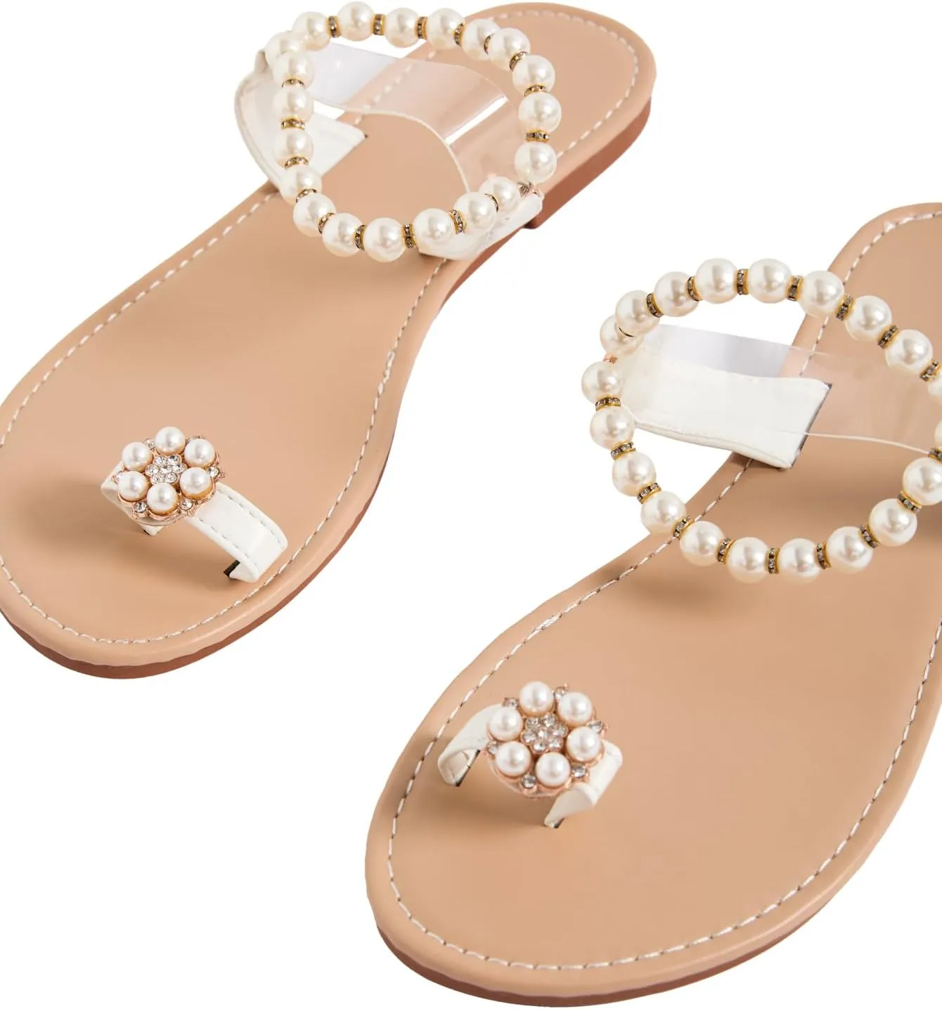 GORGLITTER Women's Clear Pearl Sandals Dressy Toe Ring Rhinestone Slide Wedding Vacation Bridal Flats Sandal 2025