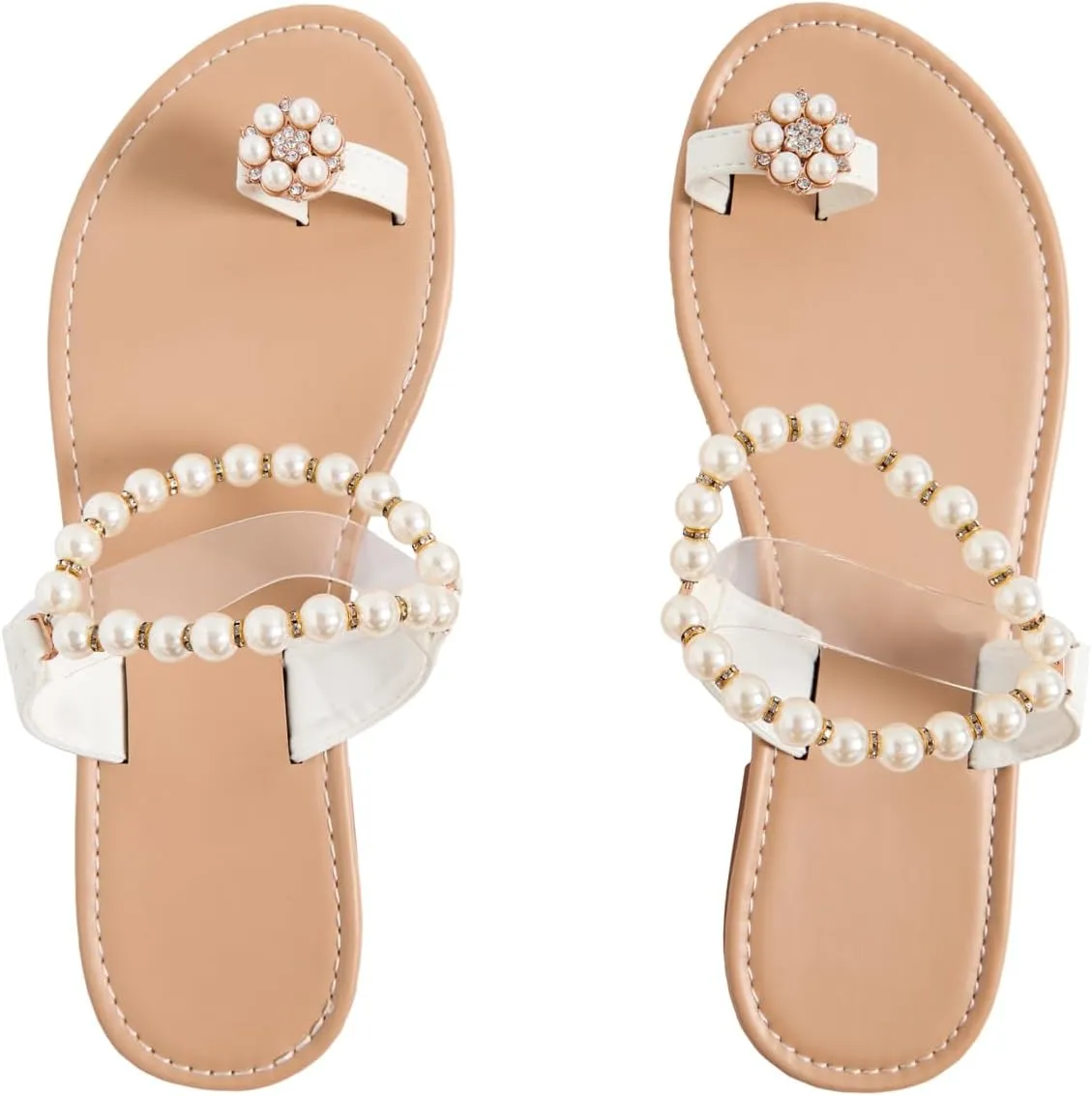 GORGLITTER Women's Clear Pearl Sandals Dressy Toe Ring Rhinestone Slide Wedding Vacation Bridal Flats Sandal 2025