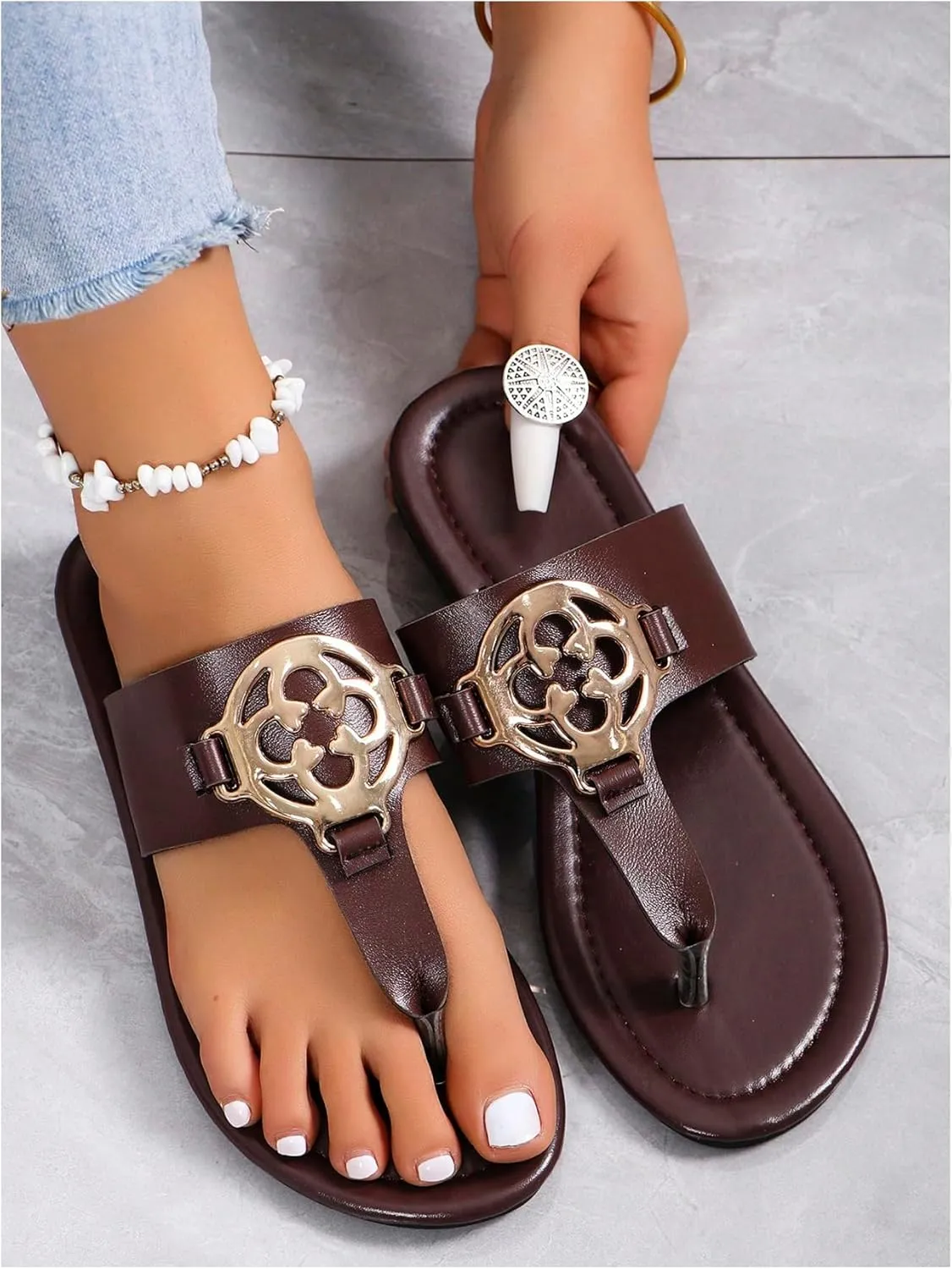 GORGLITTER Women's Flip Flop Thong Sandals Metallic Cute Dressy Comfortable Slide Flat Sandals