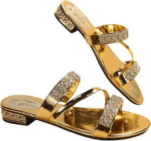 GORGLITTER Women's Gold Strappy Wedge Sandals 2025 Dressy Summer Sparkly Shoes