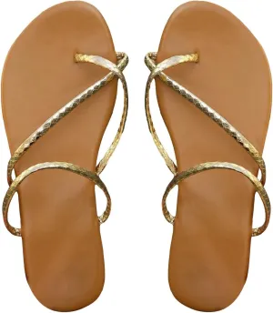GORGLITTER Women's Metallic Strappy Flat Sandals Open Toe Criss Cross Slide Sandals Flip Flops