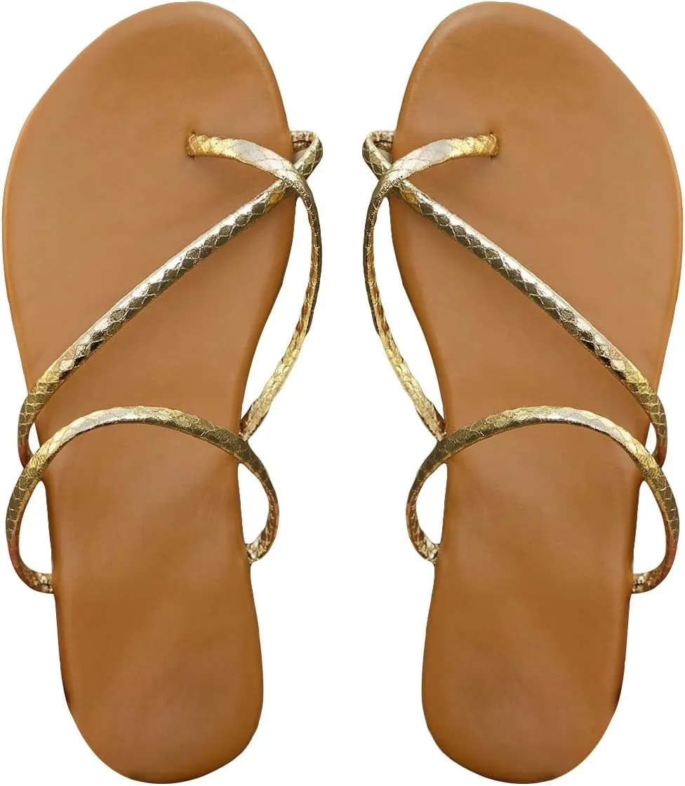GORGLITTER Women's Metallic Strappy Flat Sandals Open Toe Criss Cross Slide Sandals Flip Flops