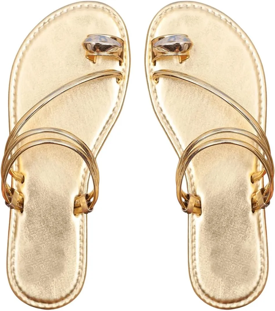 GORGLITTER Women's Metallic Strappy Sparkly Sandals Dressy Cute Slip on Slide Vacation Summer Flats Sandals