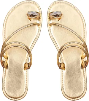 GORGLITTER Women's Metallic Strappy Sparkly Sandals Dressy Cute Slip on Slide Vacation Summer Flats Sandals