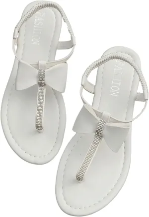 GORGLITTER Women's Rhinestone Bow Flat Sandals Dressy Thong Summer Sandals Open Toe Slingback Slide Sandals
