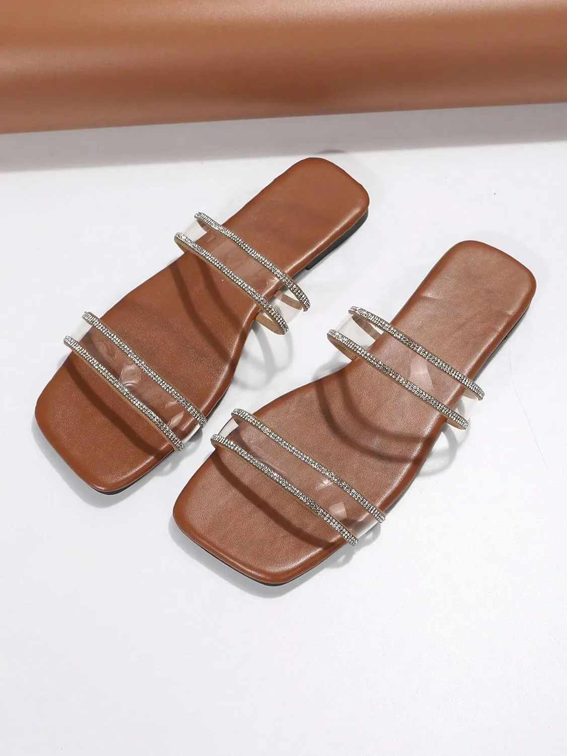 GORGLITTER Women's Rhinestone Clear Flat Sandals Two Strap Open Toe Slide Sandals