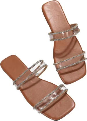 GORGLITTER Women's Rhinestone Clear Flat Sandals Two Strap Open Toe Slide Sandals