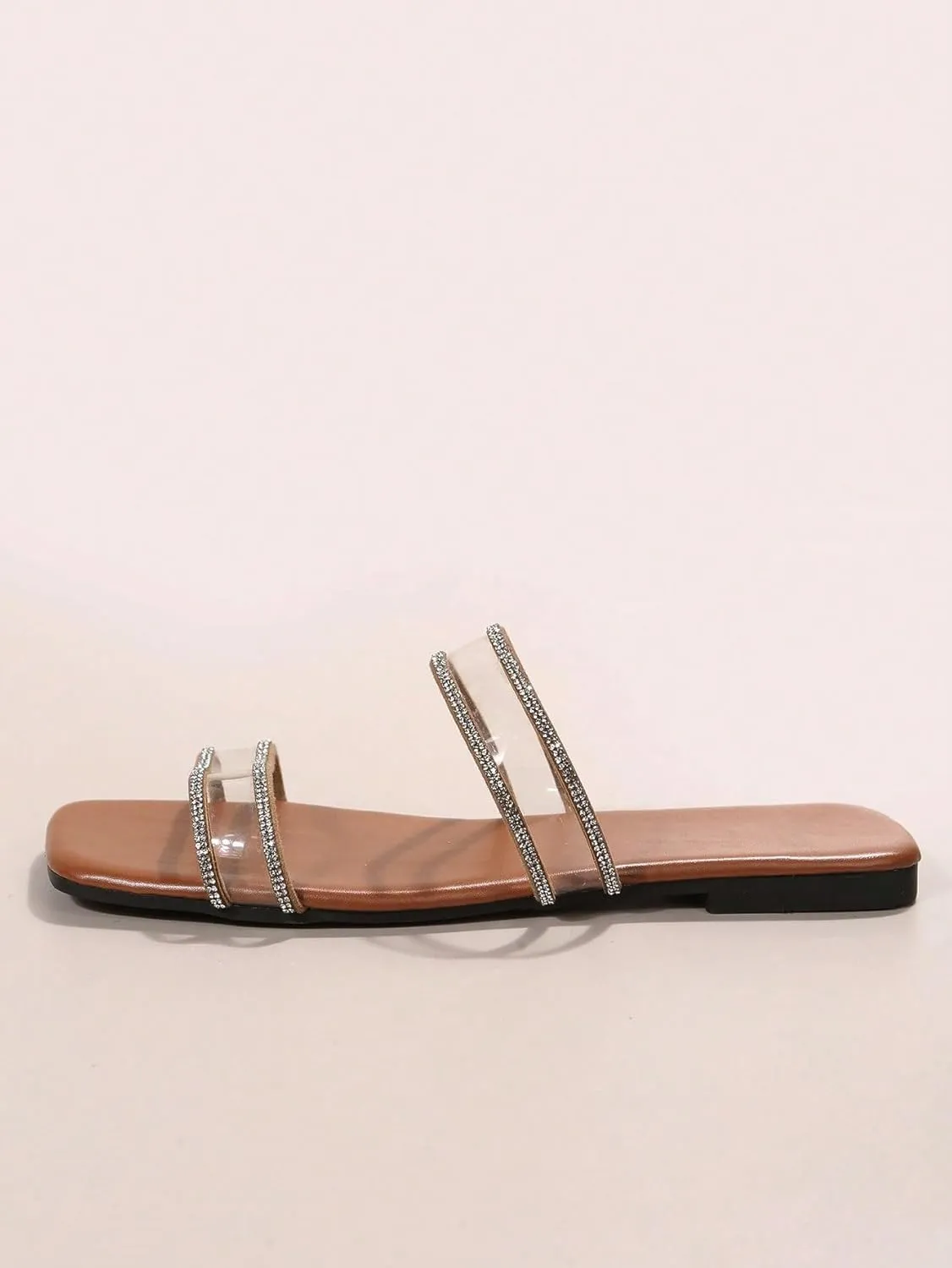 GORGLITTER Women's Rhinestone Clear Flat Sandals Two Strap Open Toe Slide Sandals