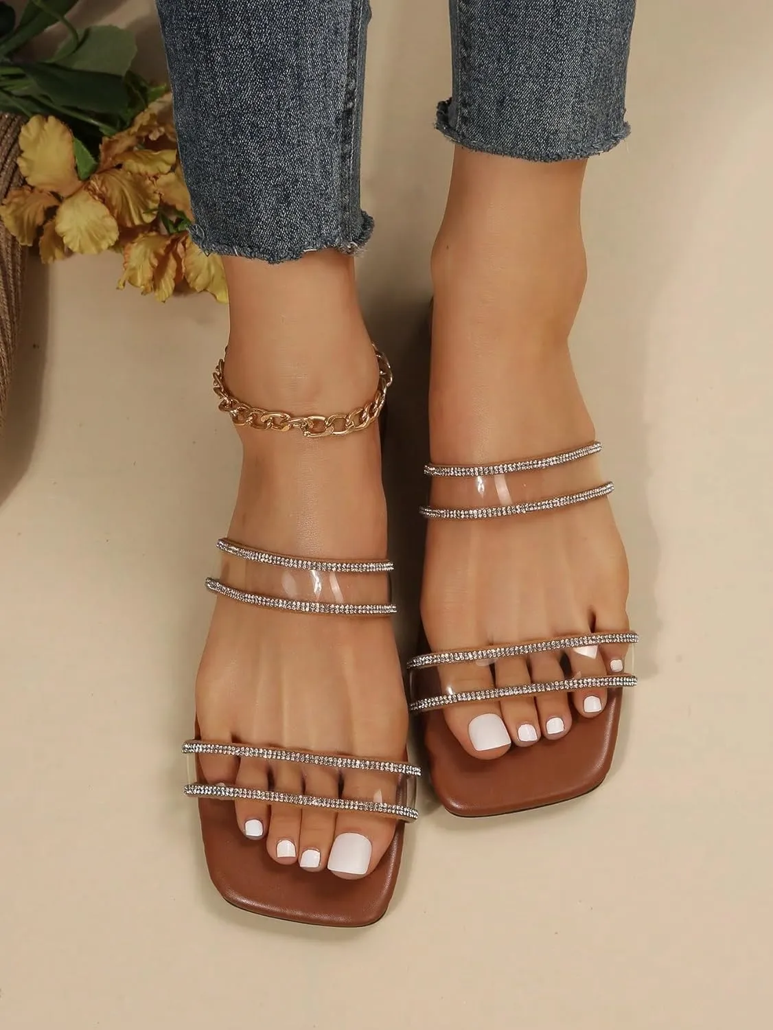 GORGLITTER Women's Rhinestone Clear Flat Sandals Two Strap Open Toe Slide Sandals