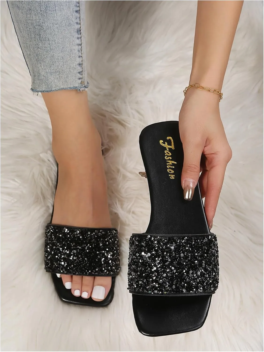 GORGLITTER Women's Rhinestone Sandals Glitter Strappy Sequin Shoes Square Toe Slide Flat Sandals